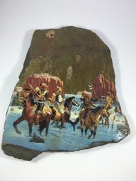 Painted Slate Stone -scene Of Natives On Horses In Snow