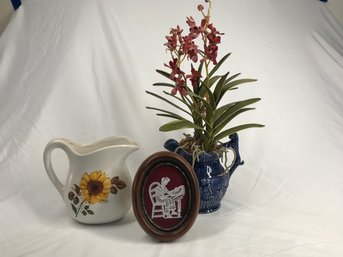 Trio Of Home Decor Items - Including Faux Plant In Ceramic Pitcher
