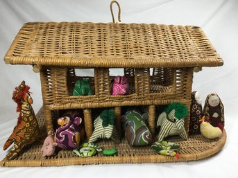 Large Vintage Hand Made Wicker Noah's Ark With 2 Each Of Animals- Made From Indonesian Batik Fabric