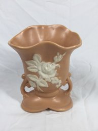 Vintage Weller Pottery Peach Double-handle Vase With White Cameo-style Flowers