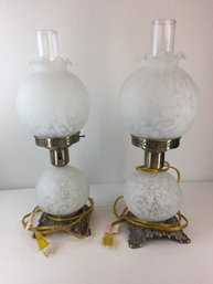 Pair Of Frosted Glass Globe Hurricane Lamps