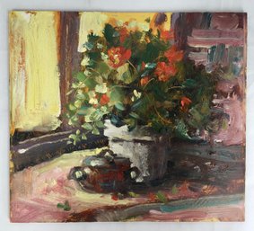 Potted Flowers In Sunlit Window- Original Painting On Board