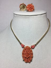Vintage Coral Resin Carved Floral Pendant  & Matching Clip-on Earrings With Gold Tone Chain