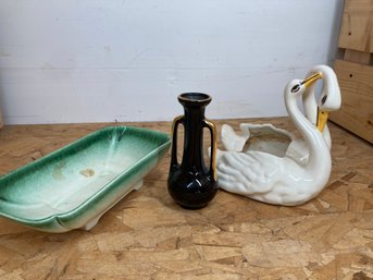 Vintage Ceramics Featuring Black Vase With 22 Karat Gold Detail, Necking Swans & Green And White Tray