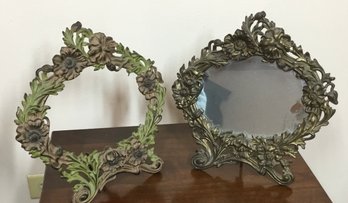 Cast Metal Floral Wreath Design Frames- 1 Mirror, 1 Open Backed