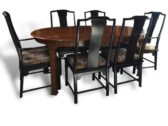 Vintage Dinging Table & Leaf With 6 Black Asian Motif Dining Chairs * Please Note Separate Pick Up Location