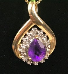 Pear Cut Amethyst With Diamond Chips Set In Gold Plated Silver
