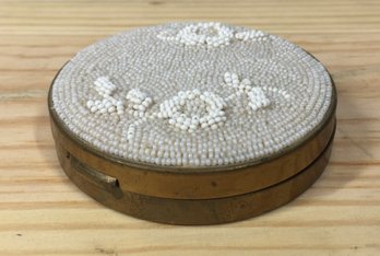 Beautiful Vintage White Hand Beaded  Brass Compact With Mirror