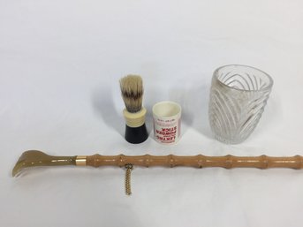 Group Of Vintage Items-back Scratcher/shoe Horn, Shaving Brush, Cut Glass Cup