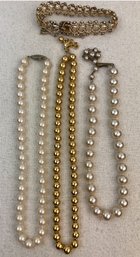 Assortment Of Vintage Faux Pearls & Gold Tone Jewelry