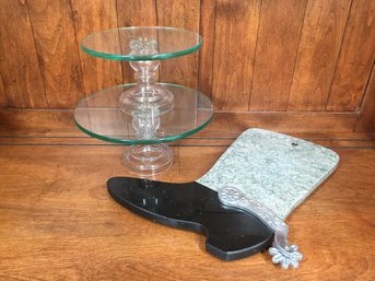 Granite Cowboy Boot Serving Tray With 2 Glass Pedestal/cake Plates