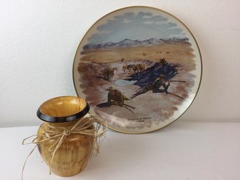 Gorham Collectible Plate Of Frederic Remington & Handmade Turned Wood Vase