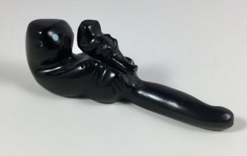 Carved Black Stone Zuni Otter & Baby Fetish With Turquoise Inlay