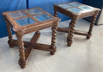 Pair Of Vintage Wooden Tables Each With Four Beveled Glass Insert Tops