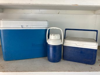 Three Nice Blue Insulated Coolers (need Washing)