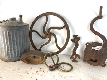 Great Assortment Of Antique Metal Pieces Featuring Coffee Grinder, Metal Wheel, Iron, Wrench & More