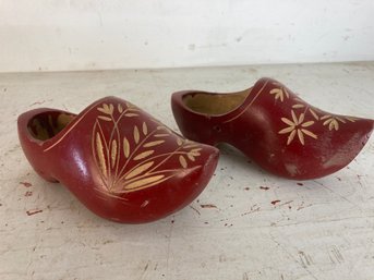 Antique Hand Carved Childrens Red Wooden Shoes