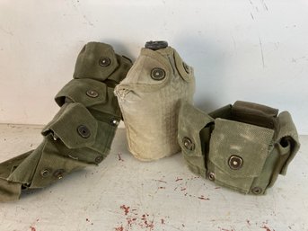 Vintage Military Water Bottle & Bag With Vintage Military Cartridge Belt