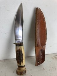 Nice Antique Marbles Stag Handle Hunting Knife With Leather Sheath