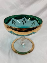 Beautiful Antique Tall Aqua Glass Pedestal Dish With Gold Detail