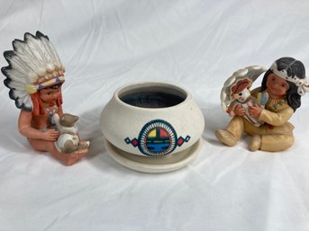 Two Gregory Perillo Ceramic Figurines & Southwestern Candle (One Shows Repair, See Photos)