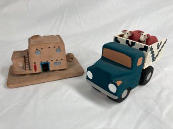 Two Ceramic Southwestern Inspired Decorations Featuring  Adobe Styled Incense Burner