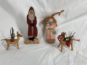 Two Woven Deer, Carved Santa & Ceramic Ornament