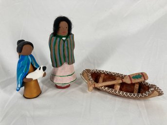 Two Native Inspired Figurines & Native Inspired Canoe