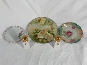 Three Antique Decorative Plates & Stouffer Salt And Pepper Shaker
