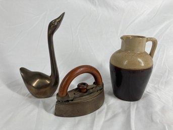 Three Nice Decor Pieces Featuring Miniature Antique Iron, Cast Brass Goose & Small Ceramic Jug