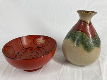 Two Beautiful Japanese Antique Pieces Featuring Hand Carved & Painted Bowl & Otagiri Original Ceramic Vase