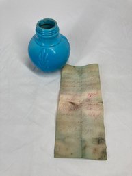 Beautiful Unique Blue Glass 1877 Salt Shaker With Note