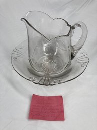 Beautiful Antique Carved Glass Crystal Pitcher & Bowl With Note Reading Wedding Gift From 1900