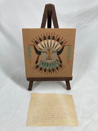 Vintage Sand Painting Of Sun Shield With Small Wooden Display & Hand Written Note