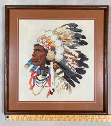 Big Square Framed Needlepoint Of Indian Chief