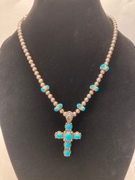 Sterling Beaded Necklace With Removable Turquoise Cross Pendant- Designer Stamp American West