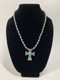 Sterling Silver Native Pearl Beaded Necklace With Removable Sterling Cross & Turquoise Stone