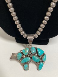 Awesome Bea Tom Artisan Turquoise And Sterling Bear Pendant  On Strand Of Ornate Silver Beads