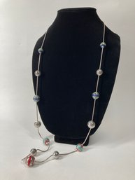 Brighton Long Necklace - Unique Thread Wrapped Beads With Silver Chain