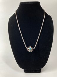 Unique Hollow Silver Bead With Turquoise On Silver Chain- Clasp Signed - See Photos