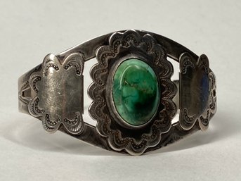 Beautiful Handcrafted Silver Cuff With Rustic Set Green Turquoise - See Photos