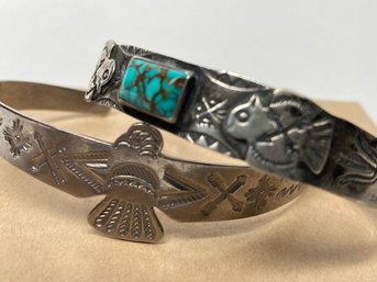 Couple Of Thunderbird Detailed Cuffs- One With Turquoise - See Photos
