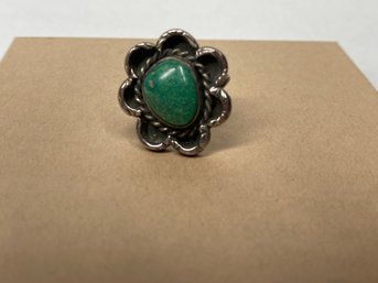 Handcrafted Floral Ring With Green Turquoise Center Stone - See Photos