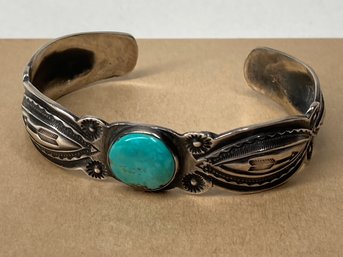 Beautiful Detailed Arrow Cuff With Blue Turquoise Center- See Photos