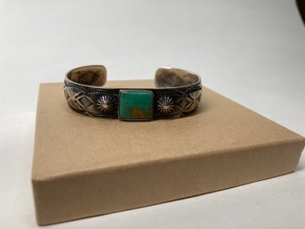 Ornate Southwest Motif Cuff With Turquoise Center- See Photos For Condition Of Stone