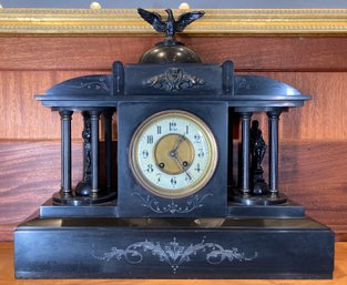 Big Beautiful Antique Handmade Carved Slate Clock With Cast Acrylic Figures & Eagle
