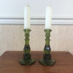 Pair Of Midcentury Green Coin Glass Candle Sticks