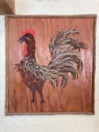 Wooden Panel Chicken Fork Art Made With Real Feathers