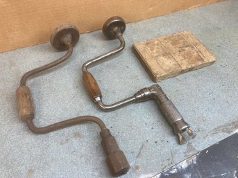 To Two Antique Hand Drills & Box Of Antique Bits