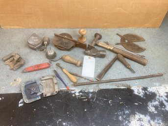 Great Collection Of Assorted Tools & Vintage Metal Pieces In Wood Box (see Photos)